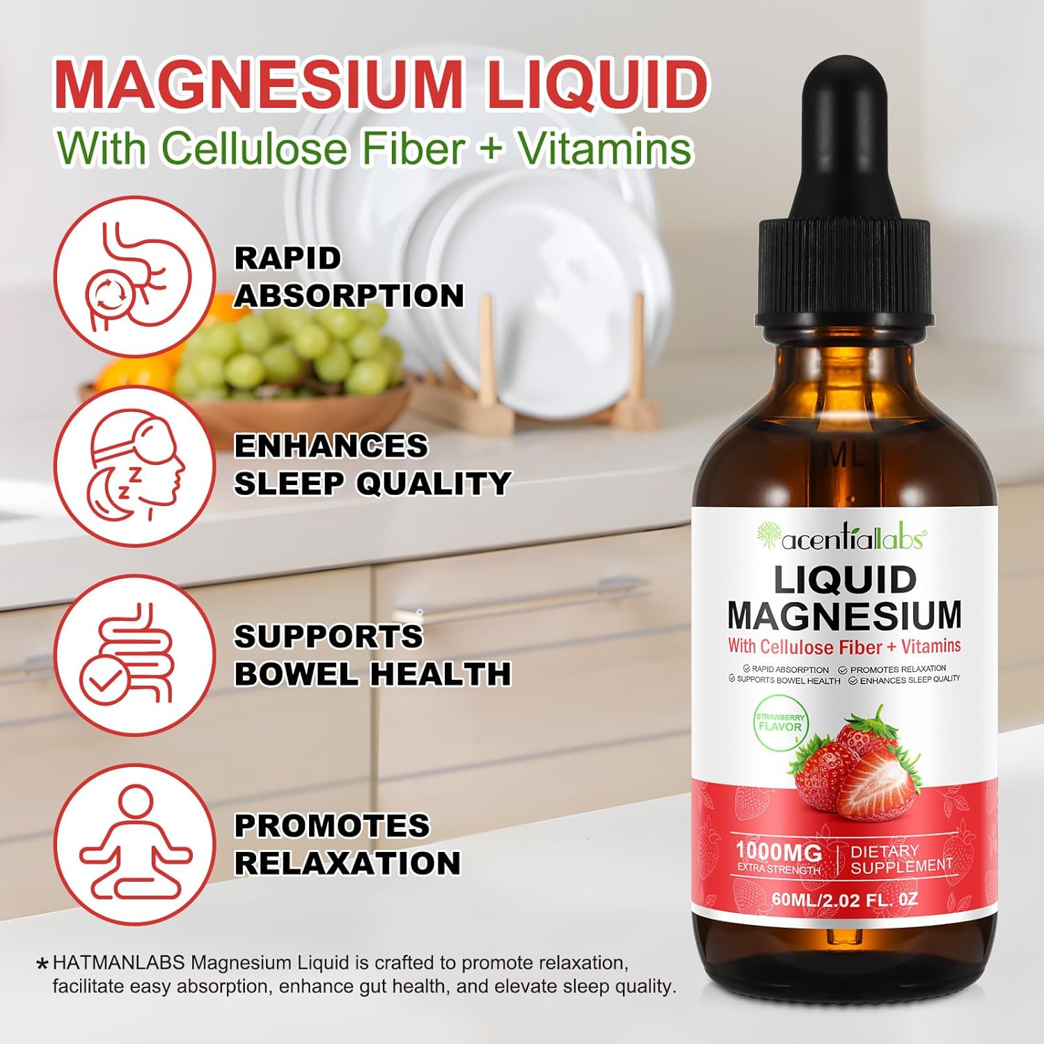 Soliasawra Liquid Magnesium Glycinate Drops - 1000MG with Vitamin B6, C, D, Zinc - Night & Energy Support - Strawberry Flavor - 2 Fl Oz