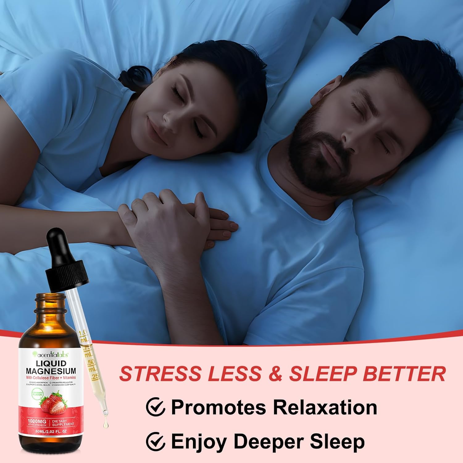 Soliasawra Liquid Magnesium Glycinate Drops - 1000MG with Vitamin B6, C, D, Zinc - Night & Energy Support - Strawberry Flavor - 2 Fl Oz