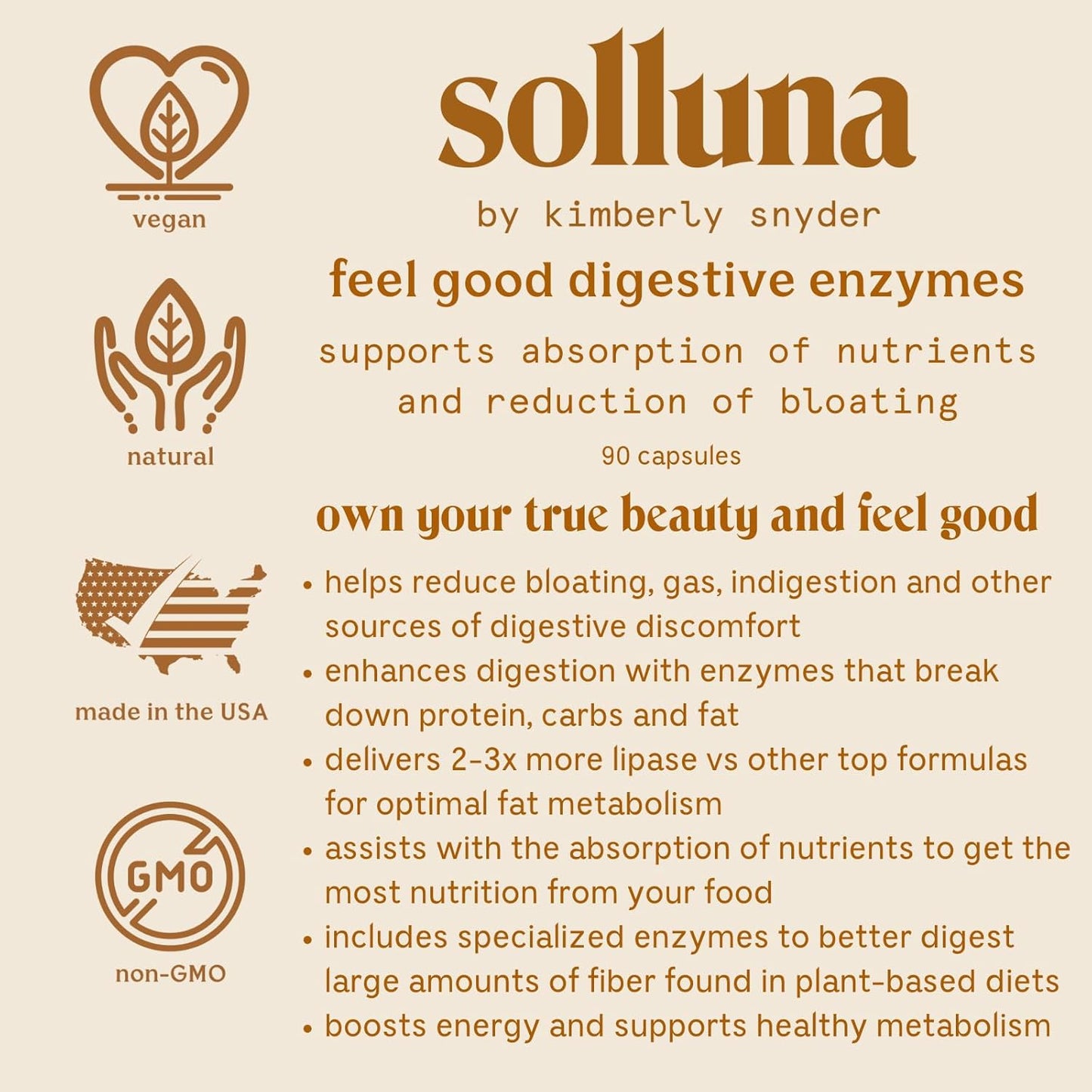 Solluna by Kimberly Snyder Digestive Enzymes for Stomach Pain & Bloating - Multi-Enzyme Blend for Better Digestion & Nutrient Absorption