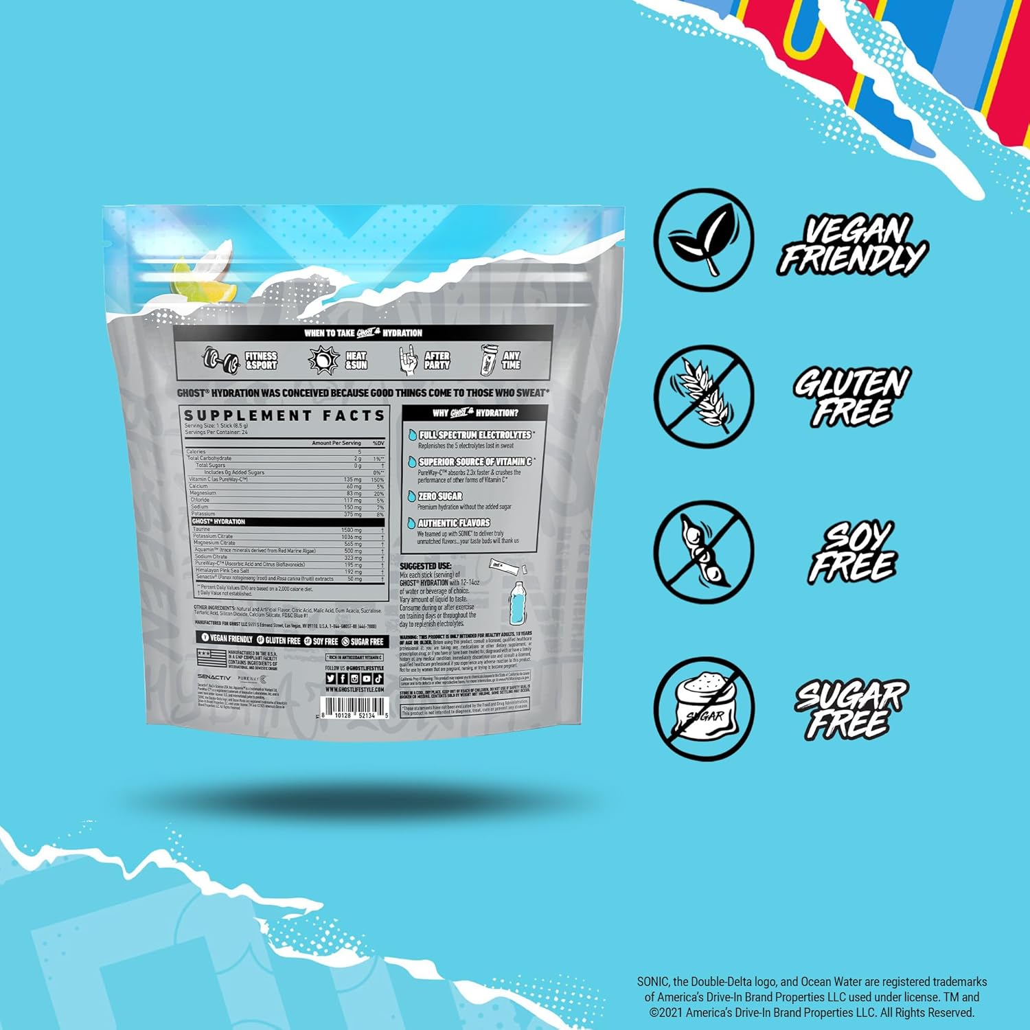 Sonic Ocean Water Electrolyte Powder Drink Mix - 24 Sticks, Vegan & Gluten-Free with Magnesium, Potassium, Calcium, Vitamin C