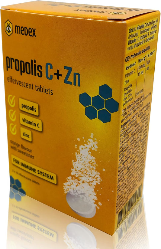 Sorina Medex Natural Bee Propolis Effervescent Tablets with Vitamin C, Zinc - Immune Support Supplement - 20 Tablets