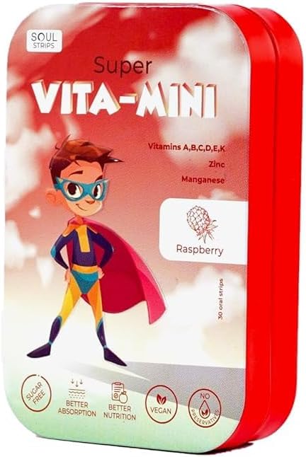 Soul Nutritions Super Vita-Mini Strips for Kids Growth & Health - Raspberry Flavor, Vegan, Zero Sugar, 30 Strips