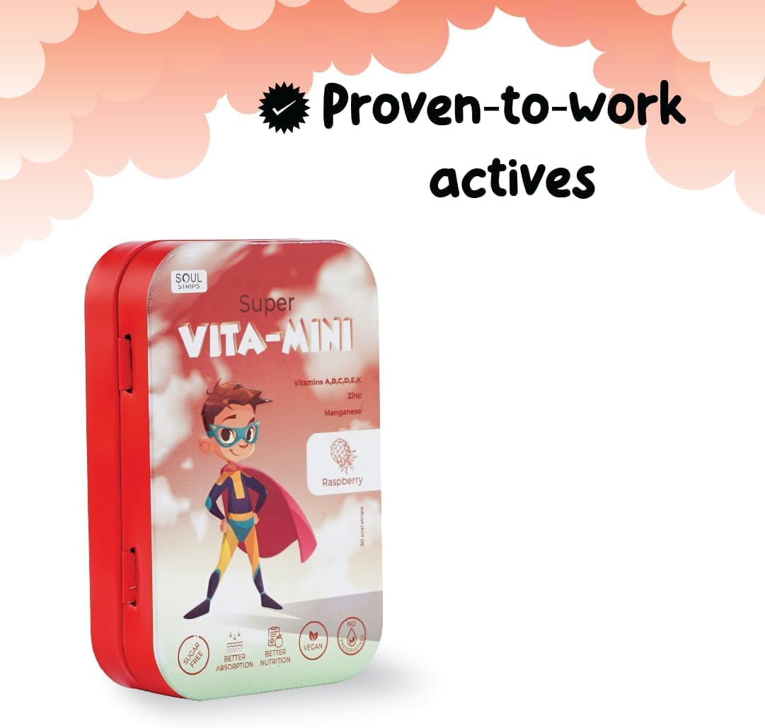 Soul Nutritions Super Vita-Mini Strips for Kids Growth & Health - Raspberry Flavor, Vegan, Zero Sugar, 30 Strips