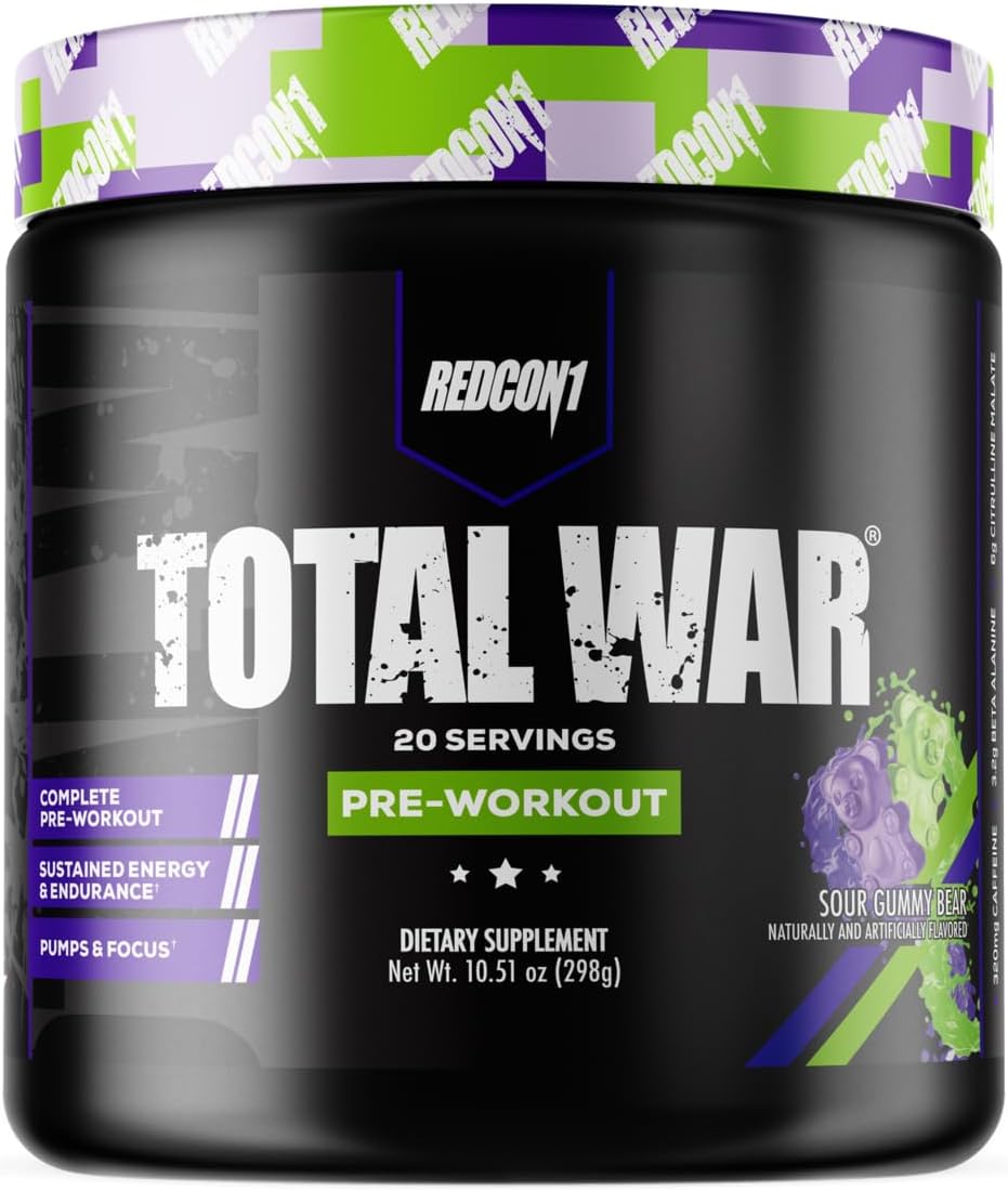 Sour Gummy Bear Pre Workout Powder with Beta Alanine - Redcon1 Total War for Increased Pump and Blood Flow - Caffeinated Preworkout for Men and Women (20 Servings)
