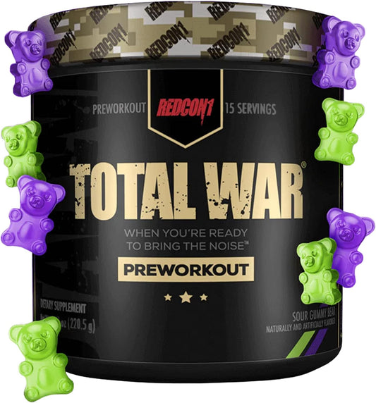 Sour Gummy Bear Preworkout Powder for Pump, Endurance & Energy Boost - REDCON1 Total War Supplement with Taurine, Green Tea & Caffeine (15 Servings)