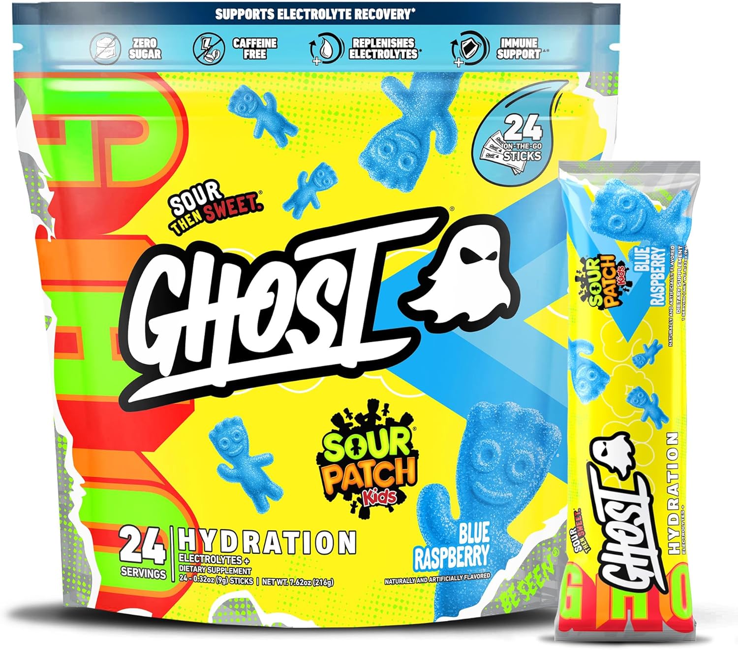 Sour Patch Kids Blue Raspberry Electrolyte Powder Sticks - 24 Packets, GHOST Hydration Mix with Magnesium, Potassium, Calcium, Vitamin C - Vegan & Gluten-Free