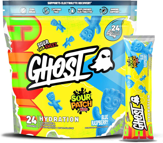 Sour Patch Kids Blue Raspberry Electrolyte Powder Sticks - 24 Packets, GHOST Hydration Mix with Magnesium, Potassium, Calcium, Vitamin C - Vegan & Gluten-Free
