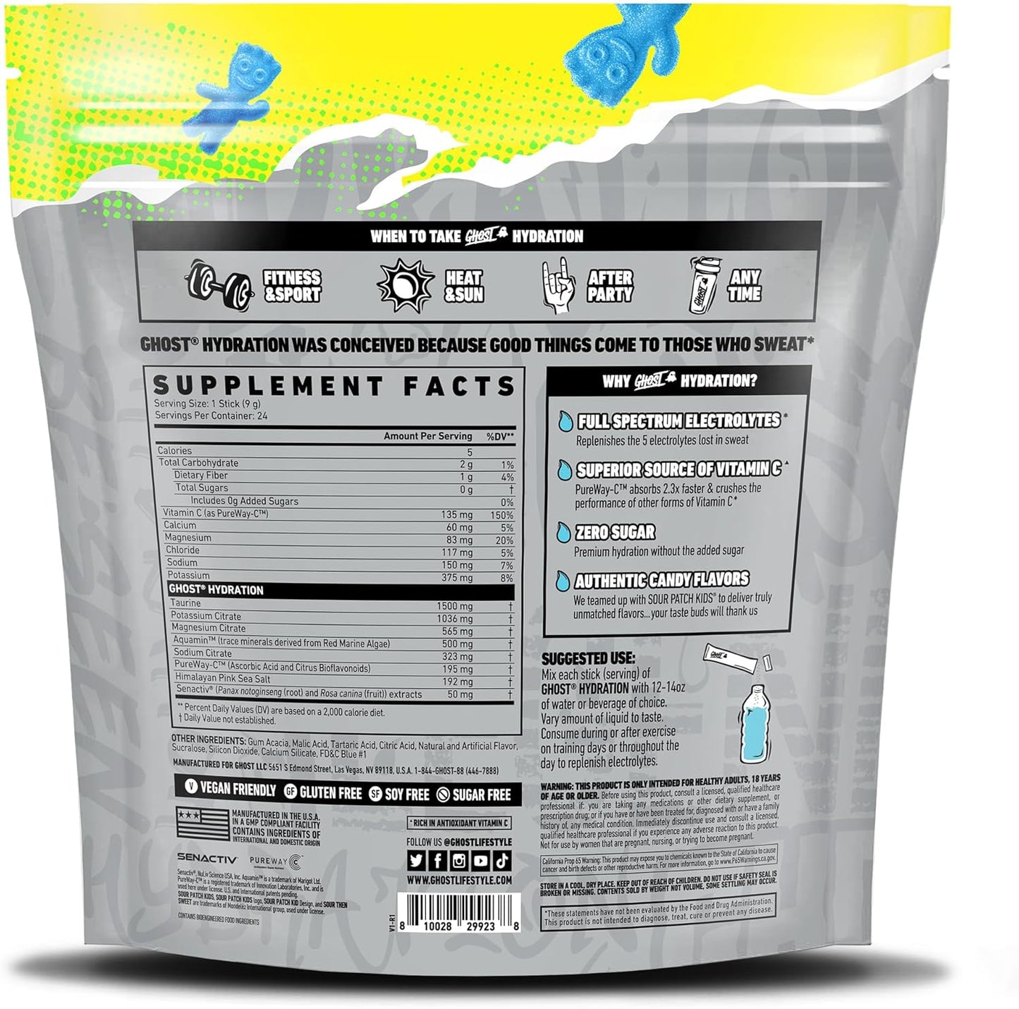 Sour Patch Kids Blue Raspberry Electrolyte Powder Sticks - 24 Packets, GHOST Hydration Mix with Magnesium, Potassium, Calcium, Vitamin C - Vegan & Gluten-Free