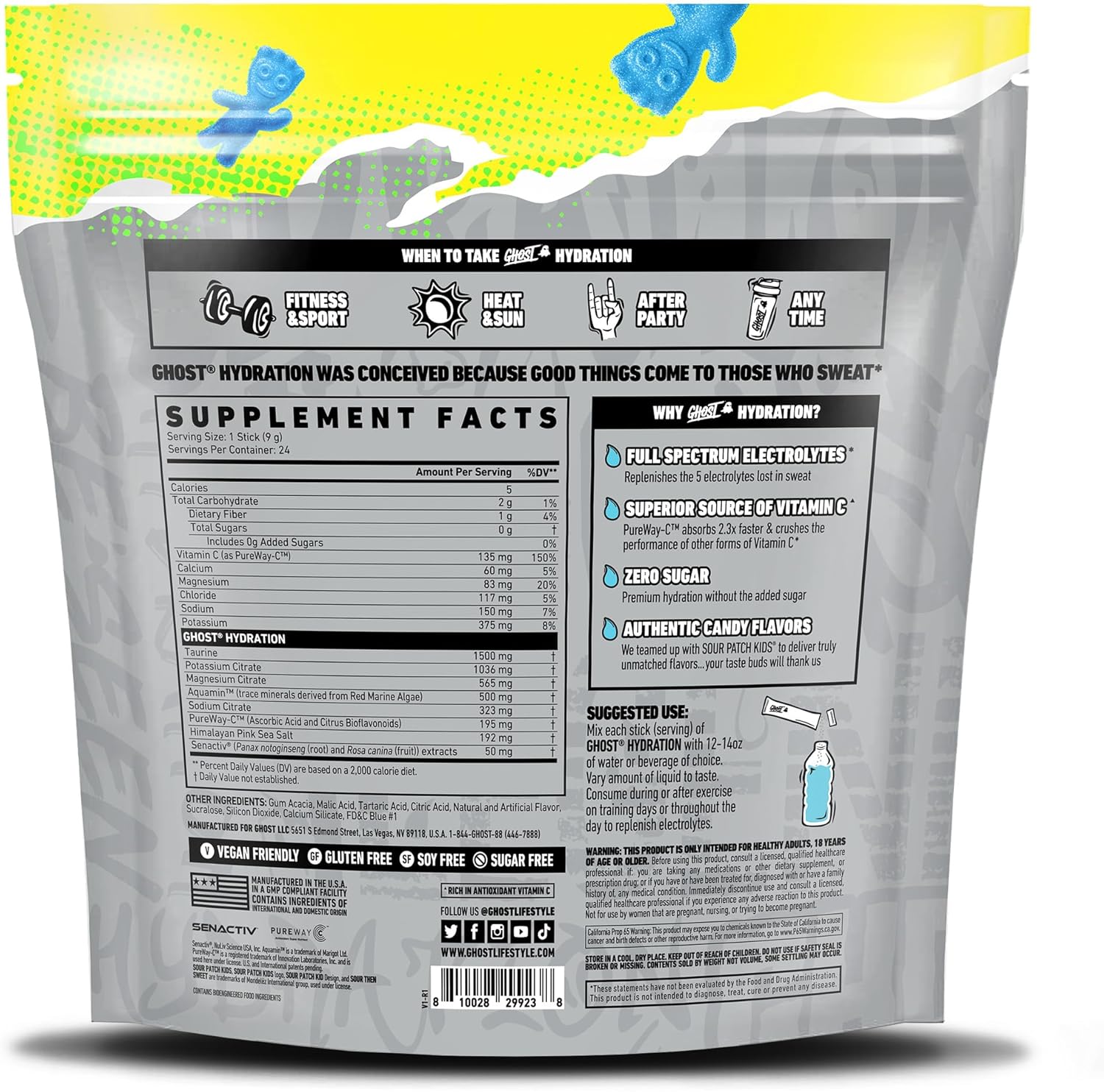 Sour Patch Kids Blue Raspberry Electrolyte Powder Sticks - 24 Packets, GHOST Hydration Mix with Magnesium, Potassium, Calcium, Vitamin C - Vegan & Gluten-Free