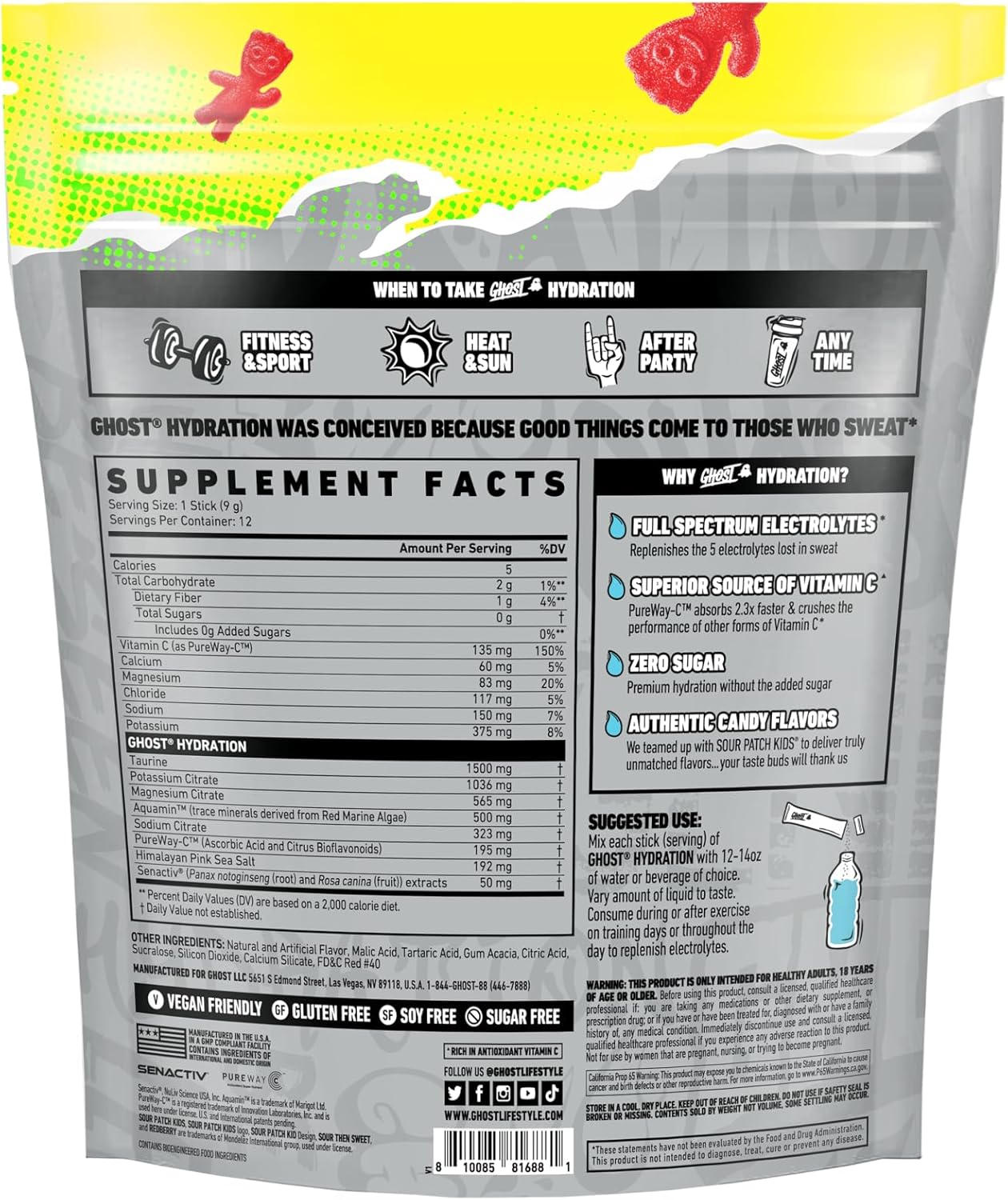 Sour Patch Kids Redberry Electrolyte Powder Drink Mix - GHOST Hydration Packets, 12 Sticks, Vegan & Gluten-Free