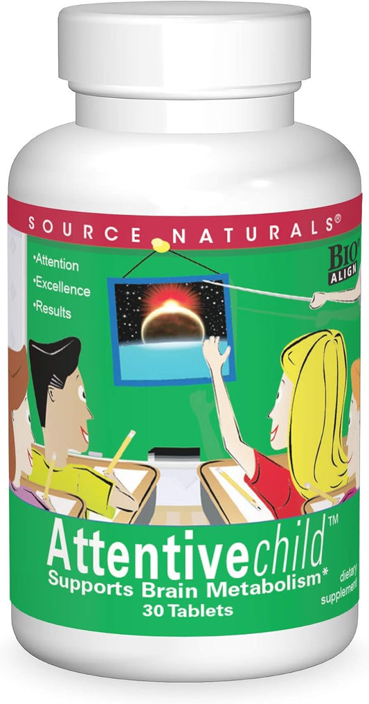 Source Naturals Attentive Child - Cognitive Support for Kids - Enhance Focus & Attention with DMAE, Magnesium, Zinc & Grape Seed Extract - 30 Tablets