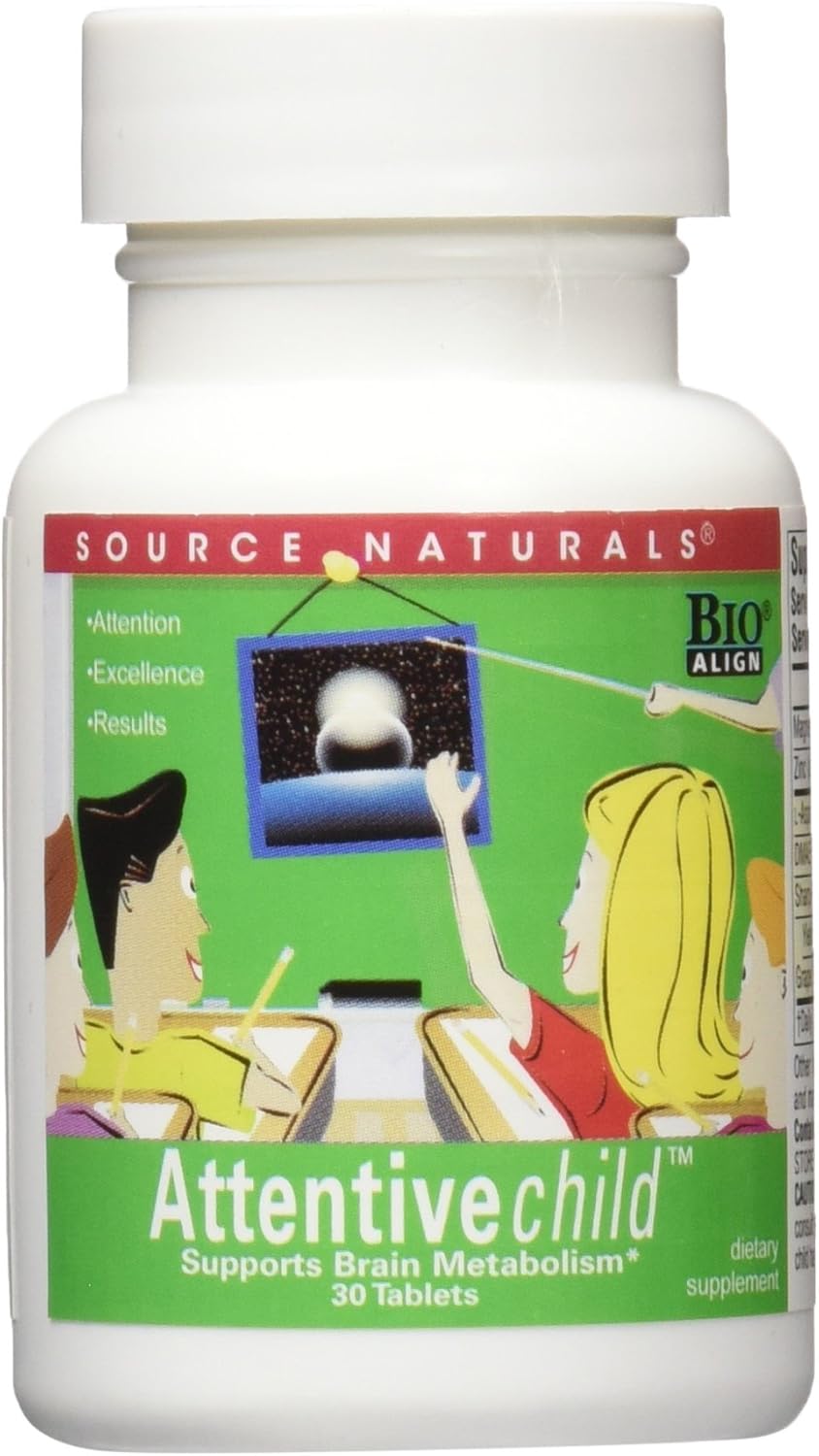 Source Naturals Attentive Child - Cognitive Support for Kids - Enhance Focus & Attention with DMAE, Magnesium, Zinc & Grape Seed Extract - 30 Tablets