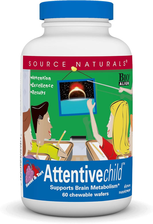 Source Naturals Attentive Child Chewable Wafers - Cognitive Nutrients for Active Kids - Enhanced Focus & Attention with DMAE, Magnesium, Zinc & Grape Seed Extract - 60 Count.