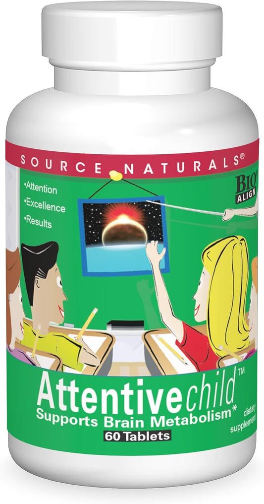 Source Naturals Attentive Child: Cognitive Support for Kids - Boost Focus & Attention with DMAE, Magnesium, Zinc, Grape Seed - 60 Tablets