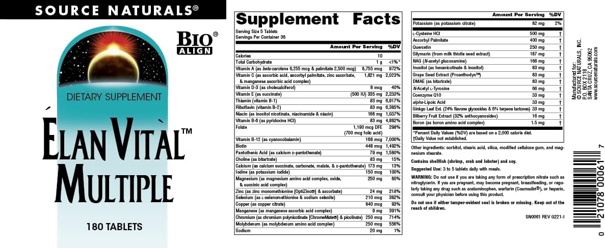 Source Naturals Elan Vital Multiple 180 Tablets - Supports Brain, Heart, Liver, Immune System, Energy Boost