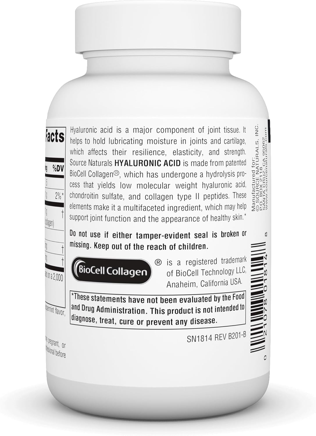 Source Naturals Hyaluronic Acid Tablets for Healthy Joints and Skin, 100mg - 60 Count