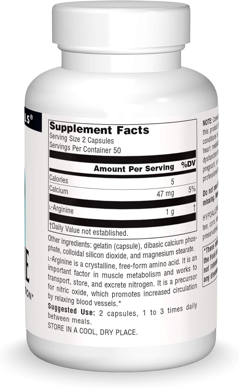 Source Naturals L-Arginine Supplement 500mg - 100 Capsules for Cardiovascular Health and Muscle Support