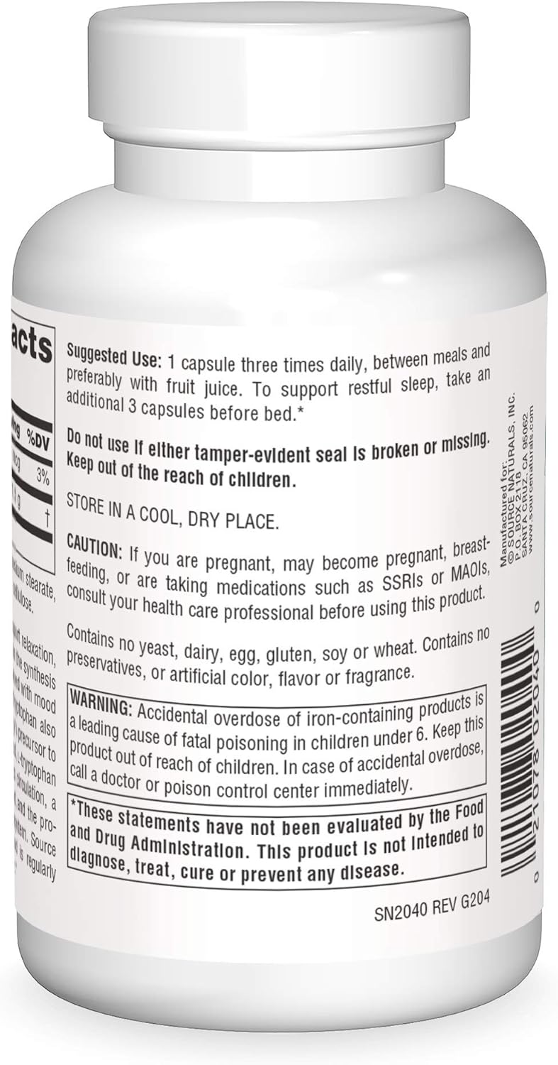 Source Naturals L-Tryptophan Capsules - 500mg, Supports Mood, Relaxation, and Sleep - 90 Count