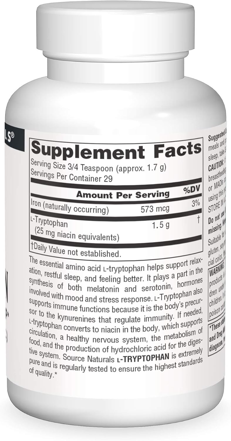 Source Naturals L-Tryptophan Powder for Improved Mood, Relaxation, and Sleep Support - 50 Grams