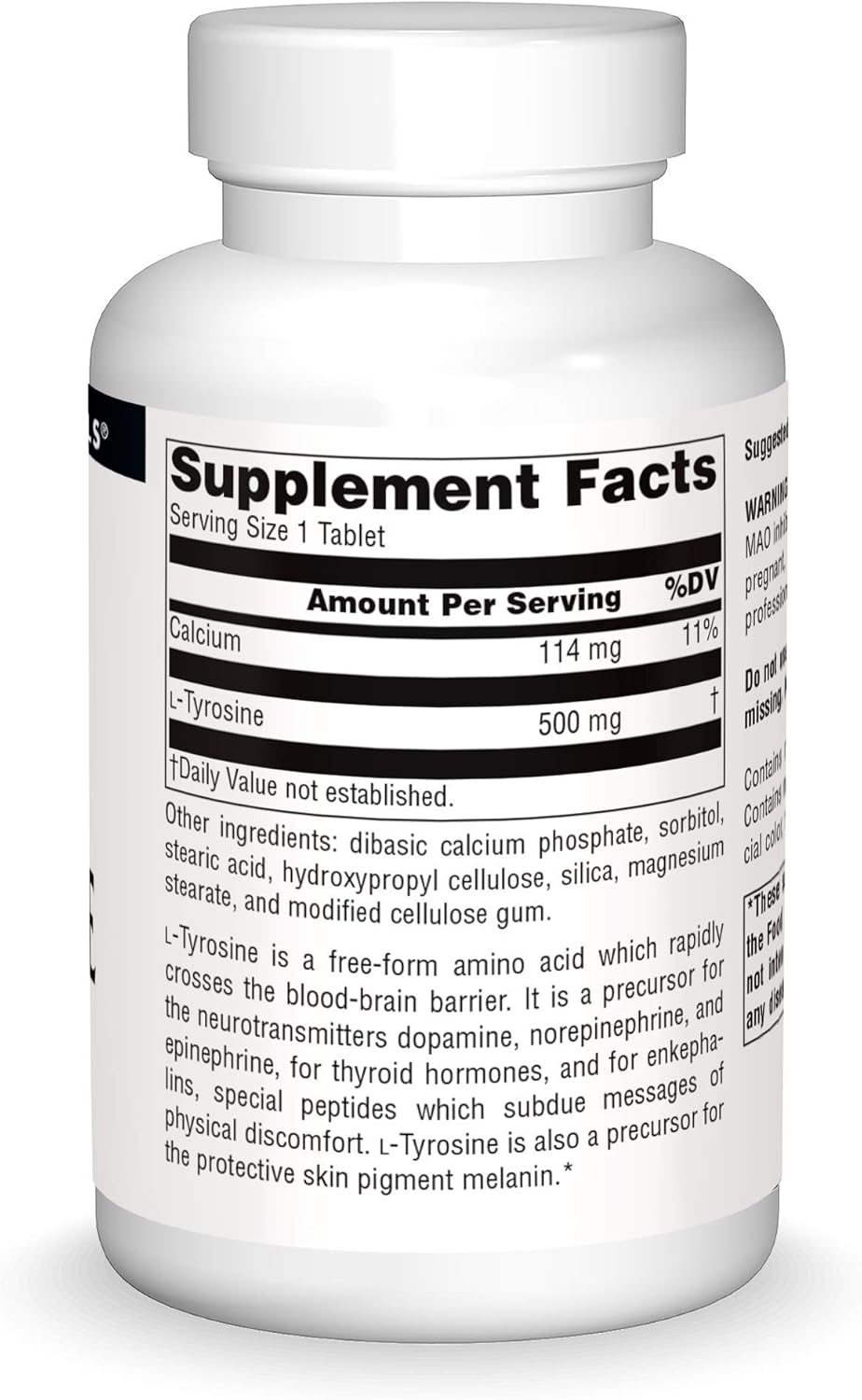 Source Naturals L-Tyrosine Free Form Amino Acid Supplement 100 Tablets - Supports Mental Alertness and Focus