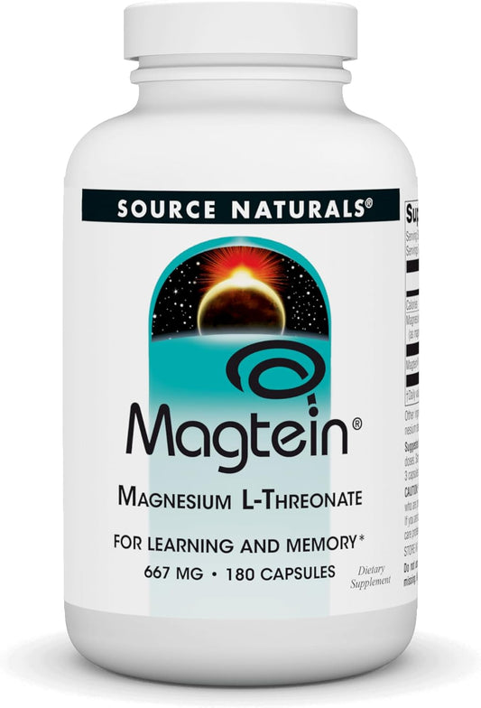 Source Naturals Magtein Magnesium L-Threonate Capsules - 667mg, Enhances Focus, Mood, Memory, Cognitive Function - 180 Count