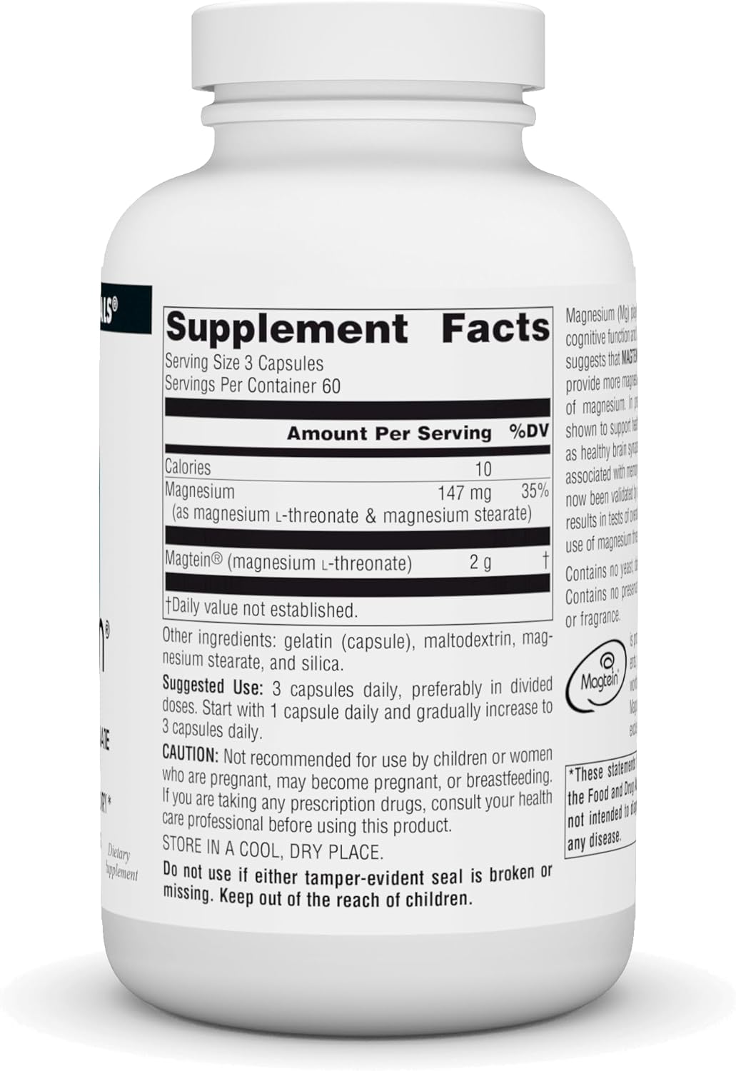 Source Naturals Magtein Magnesium L-Threonate Capsules - 667mg, Enhances Focus, Mood, Memory, Cognitive Function - 180 Count