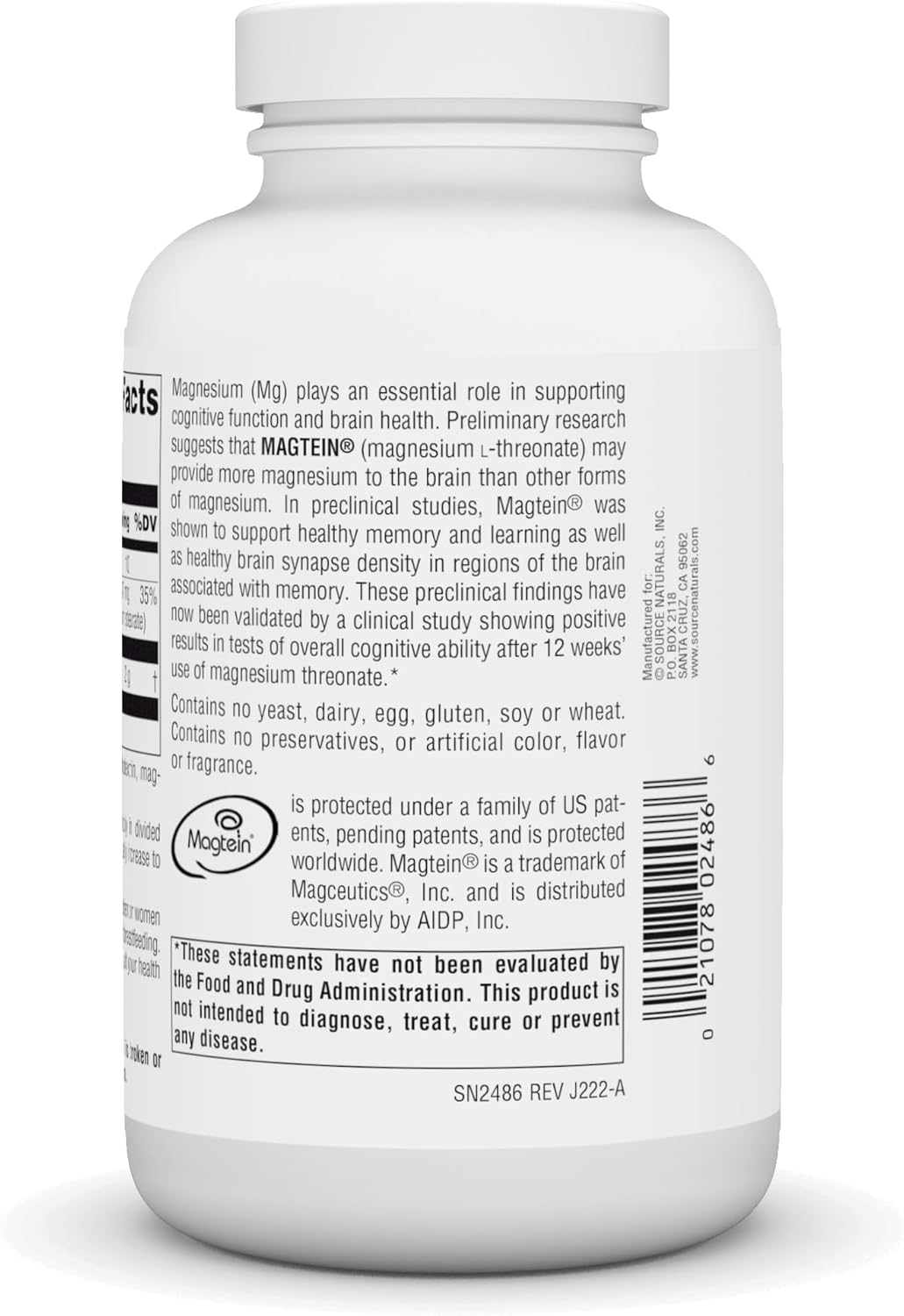 Source Naturals Magtein Magnesium L-Threonate Capsules - 667mg, Enhances Focus, Mood, Memory, Cognitive Function - 180 Count