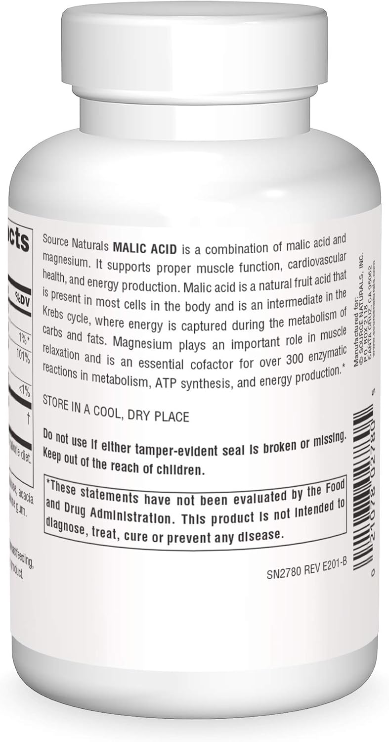 Source Naturals Malic Acid Tablets - 2,500 mg for Muscle Support and Energy Production - 120 Count