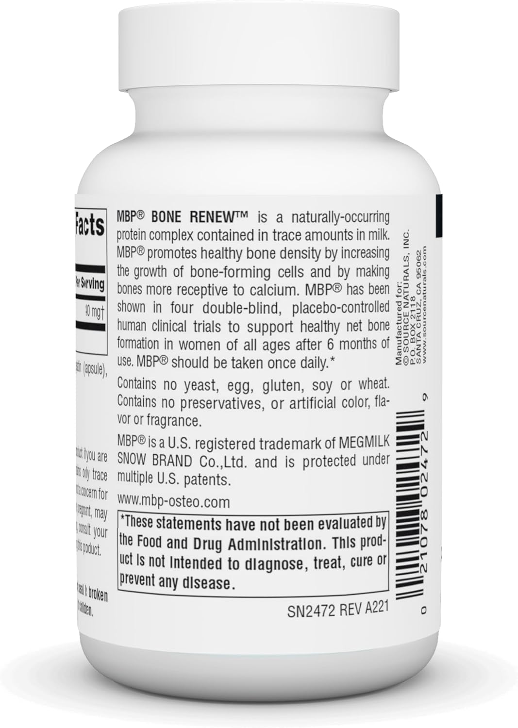Source Naturals MBP Bone Renew Capsules - Advanced Density Support with Milk Protein - 60 Count