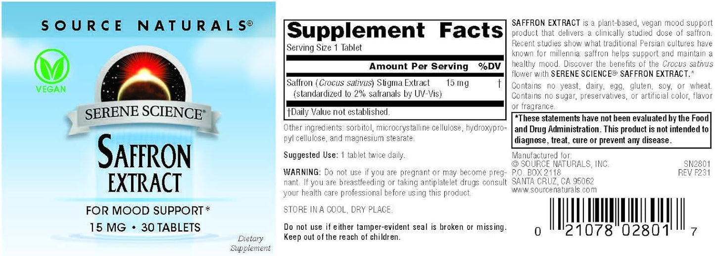 Source Naturals Serene Science Saffron Extract Tablets for Mood Support - 30 Count