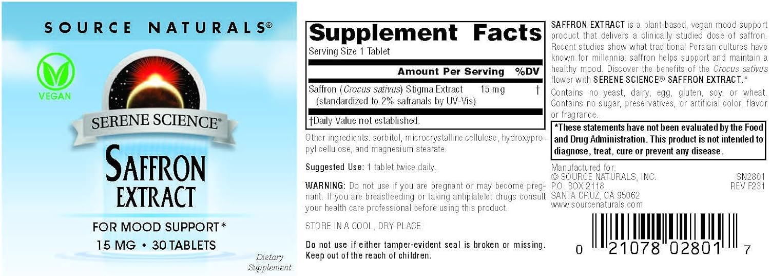 Source Naturals Serene Science Saffron Extract Tablets for Mood Support - 30 Count