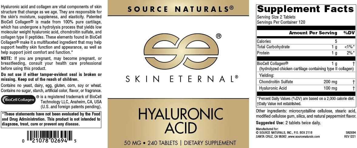 Source Naturals Skin Eternal Hyaluronic Acid Tablets - 240 Count, 50 mg