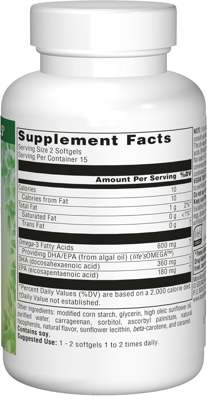 Source Naturals Vegan True Omega-3 EPA-DHA Softgels for Heart and Brain Health - 300mg, 30 Vegan Capsules