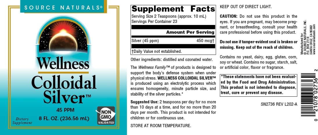 Source Naturals Wellness Colloidal Silver 45 ppm Liquid Supplement - 8 fl oz to Boost Physical Health and Well-Being*