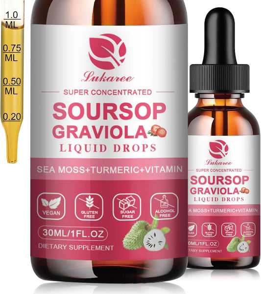 Soursop Graviola Leaf Extract Liquid Drops with Pure Botanical Sea Moss - Cell Support, Immunity, Liver, Antioxidant - Strawberry Flavor, 1 Fl Oz