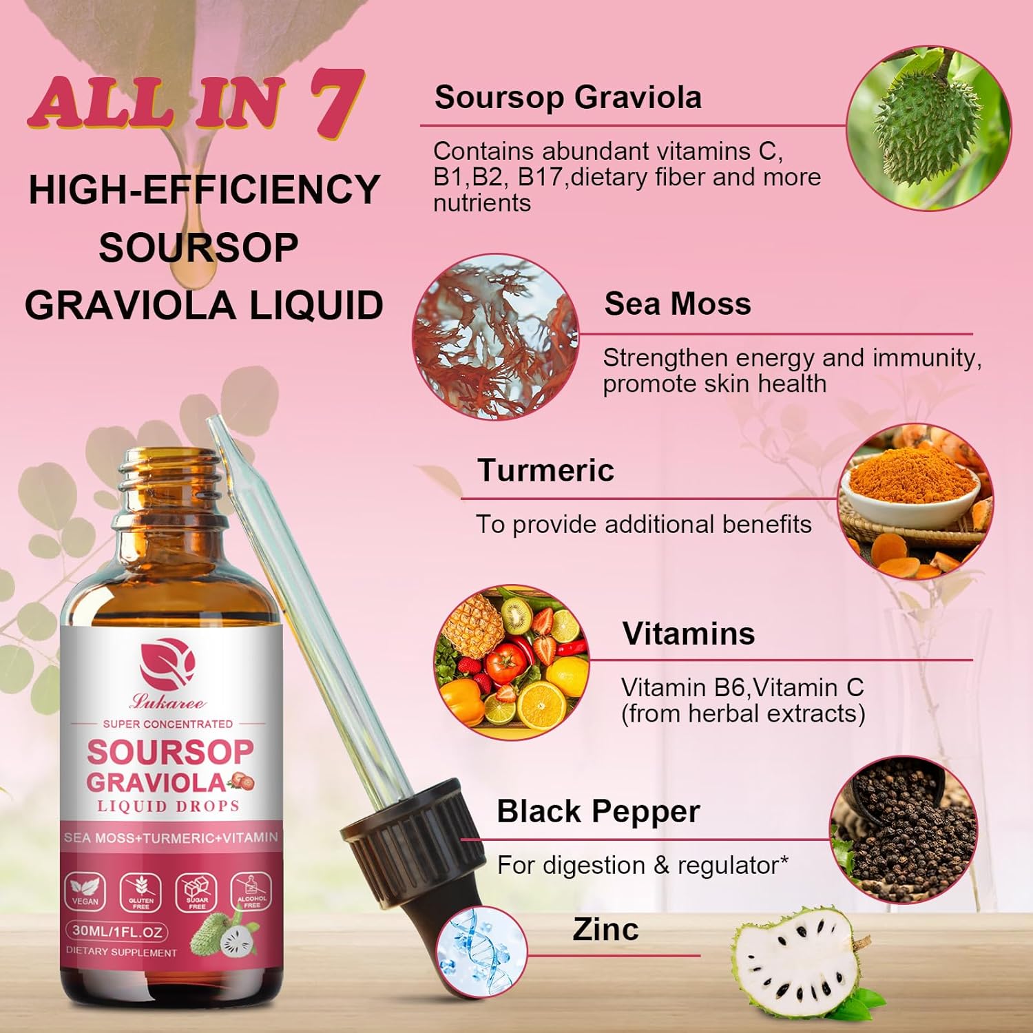 Soursop Graviola Leaf Extract Liquid Drops with Pure Botanical Sea Moss - Cell Support, Immunity, Liver, Antioxidant - Strawberry Flavor, 1 Fl Oz