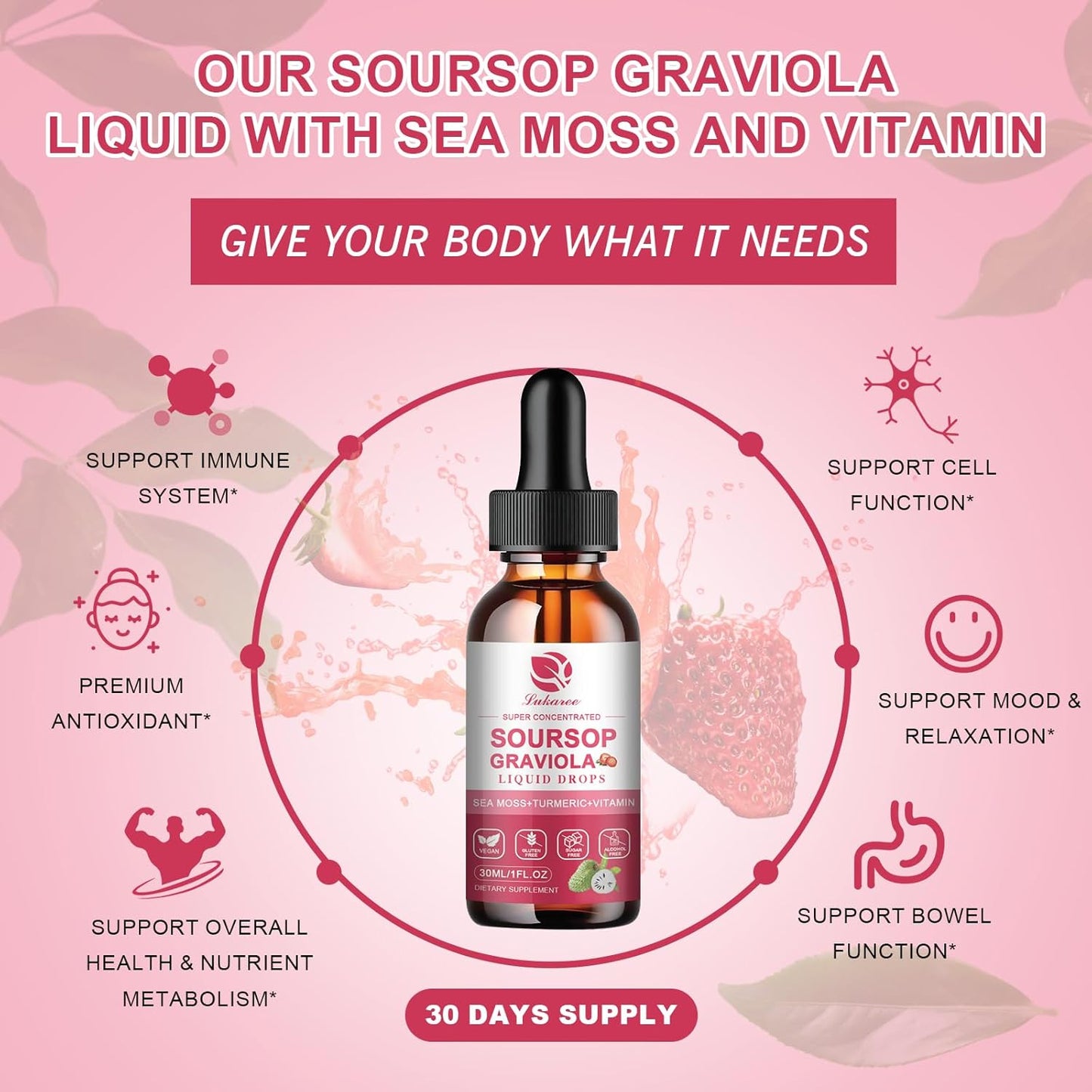 Soursop Graviola Leaf Extract Liquid Drops with Pure Botanical Sea Moss - Cell Support, Immunity, Liver, Antioxidant - Strawberry Flavor, 1 Fl Oz