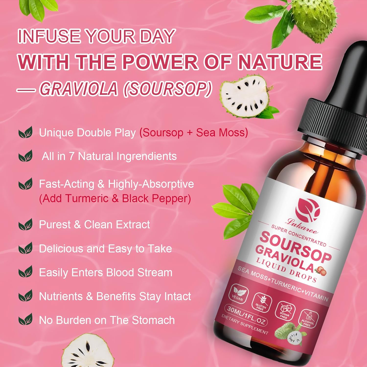 Soursop Graviola Leaf Extract Liquid Drops with Pure Botanical Sea Moss - Cell Support, Immunity, Liver, Antioxidant - Strawberry Flavor, 1 Fl Oz