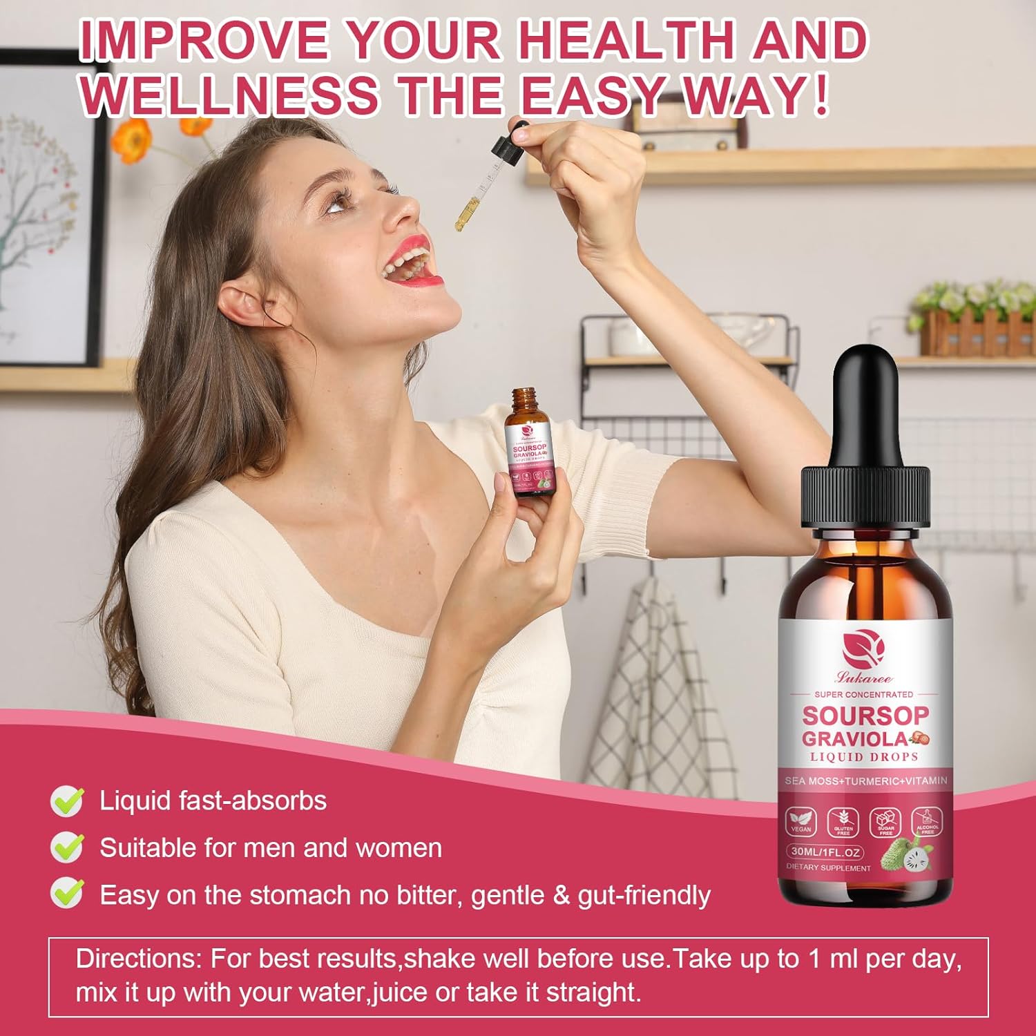 Soursop Graviola Leaf Extract Liquid Drops with Pure Botanical Sea Moss - Cell Support, Immunity, Liver, Antioxidant - Strawberry Flavor, 1 Fl Oz