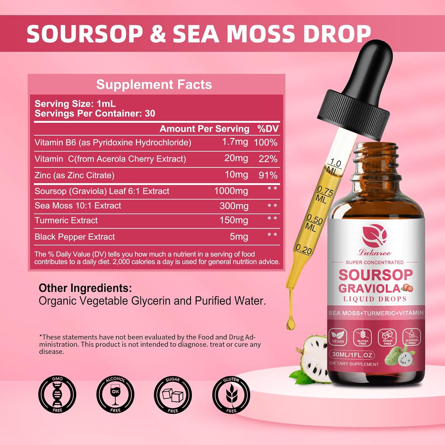 Soursop Graviola Leaf Extract Liquid Drops with Pure Botanical Sea Moss - Cell Support, Immunity, Liver, Antioxidant - Strawberry Flavor, 1 Fl Oz
