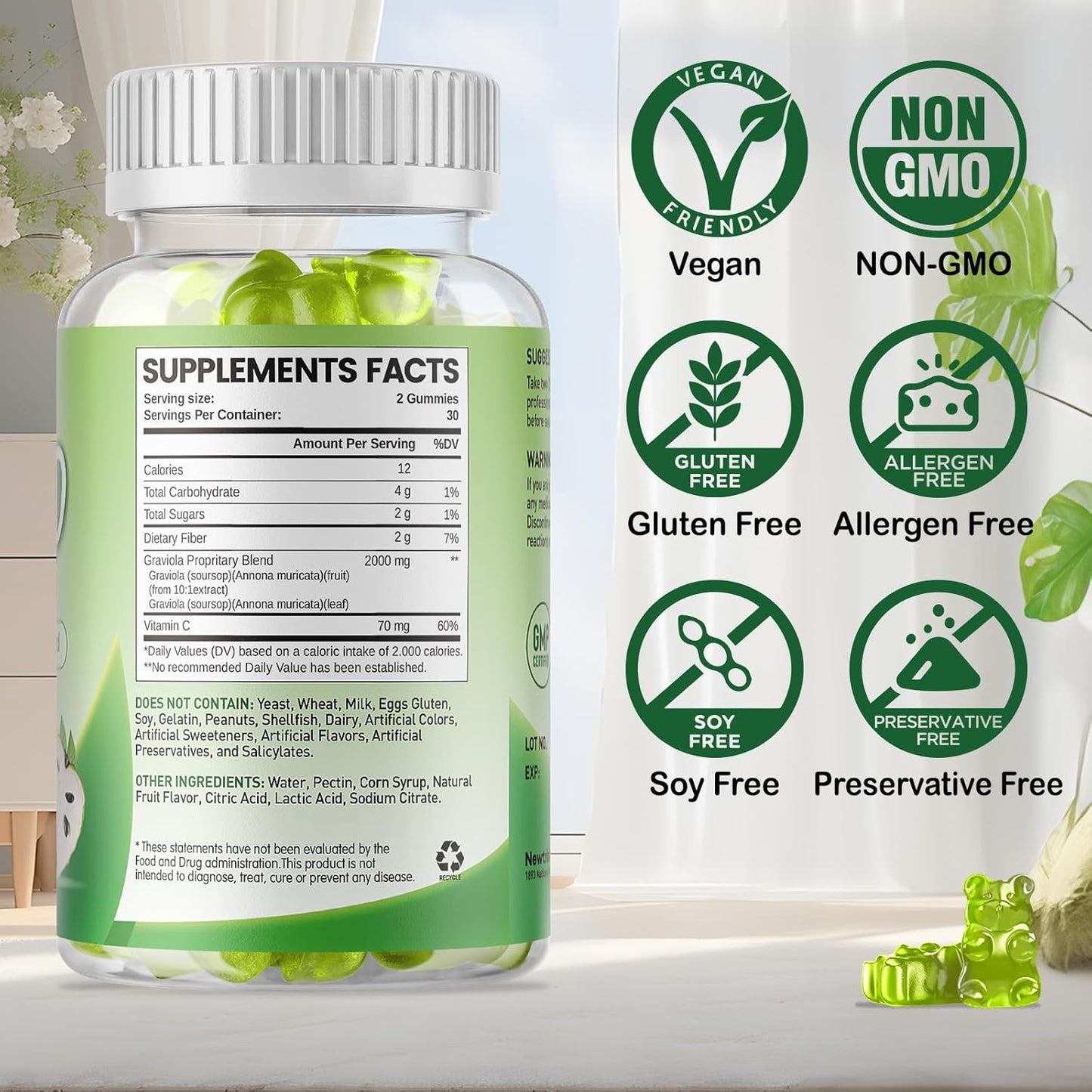 Soursop Gummies 2000MG with Leaf & Fruit Extract, Immune Support, Antioxidant, Digestive Aid - Vegan, 60 Count