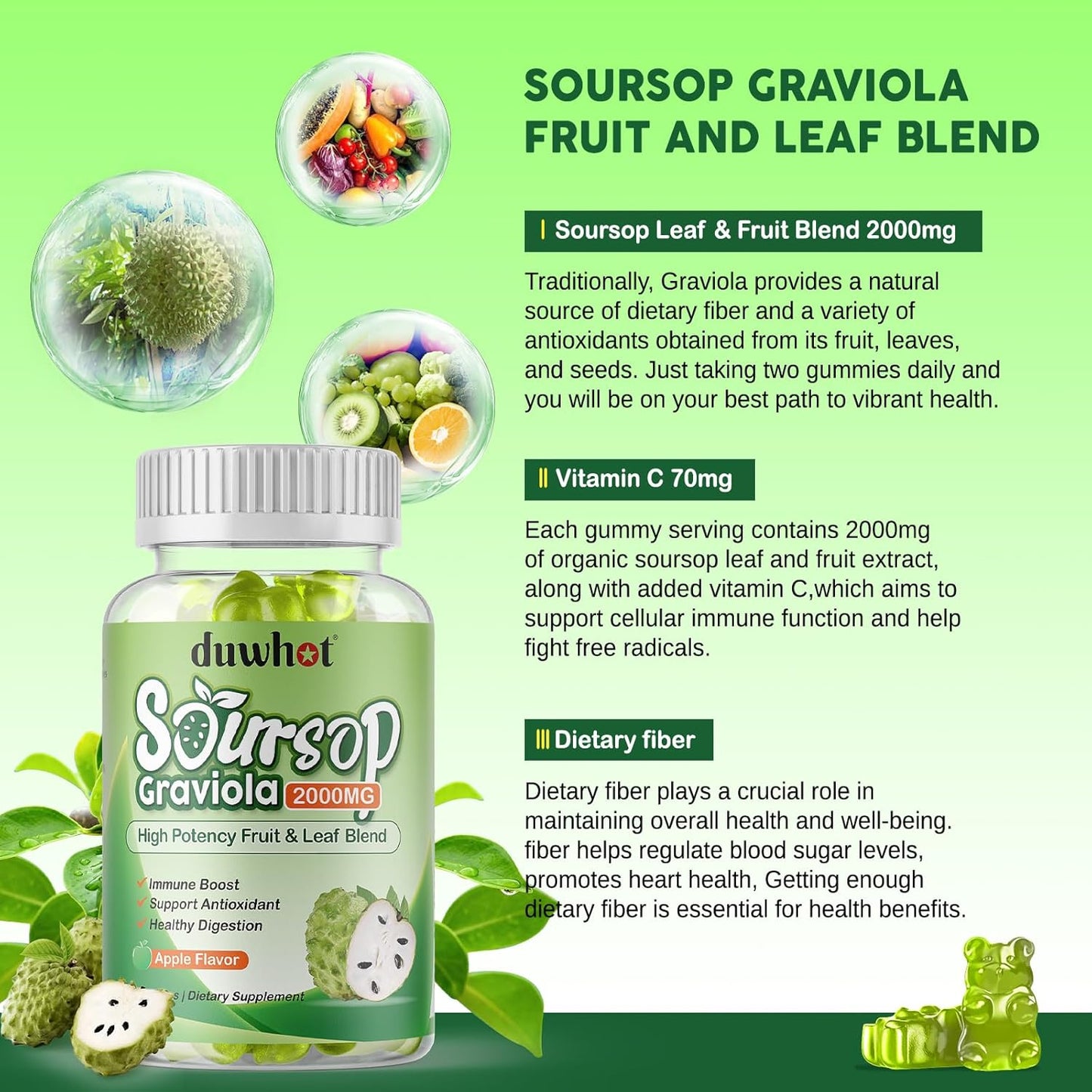 Soursop Gummies 2000MG with Leaf & Fruit Extract, Immune Support, Antioxidant, Digestive Aid - Vegan, 60 Count