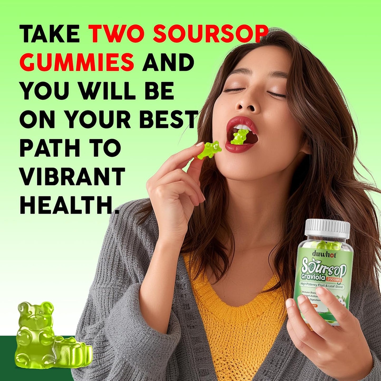 Soursop Gummies 2000MG with Leaf & Fruit Extract, Immune Support, Antioxidant, Digestive Aid - Vegan, 60 Count