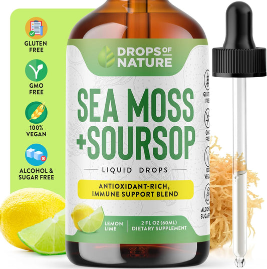 Soursop Liquid Drops with Sea Moss Supplement - Vegan & Highly Concentrated - Hydrating & Immune Support - Lemon Lime Flavor, 60mL