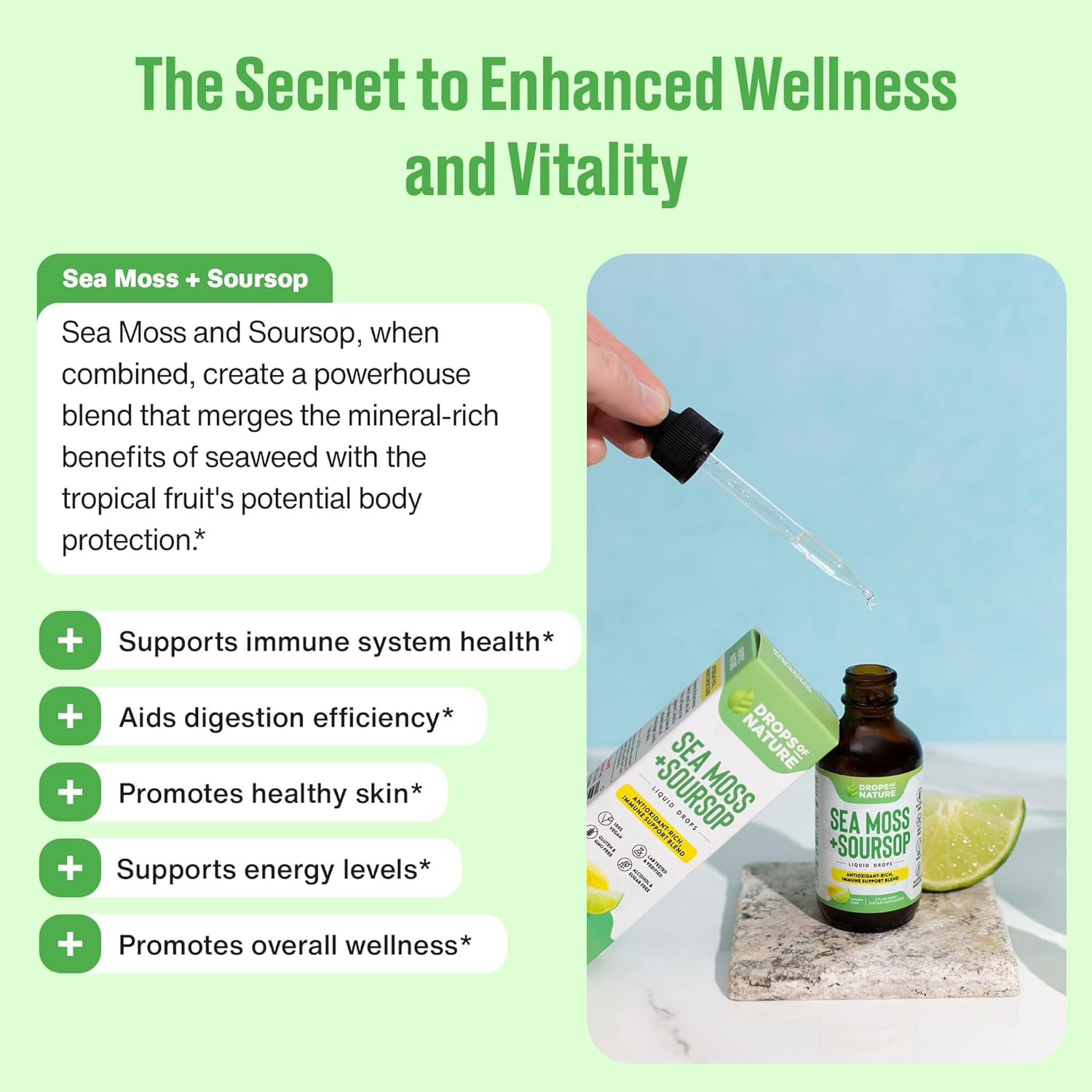 Soursop Liquid Drops with Sea Moss Supplement - Vegan & Highly Concentrated - Hydrating & Immune Support - Lemon Lime Flavor, 60mL