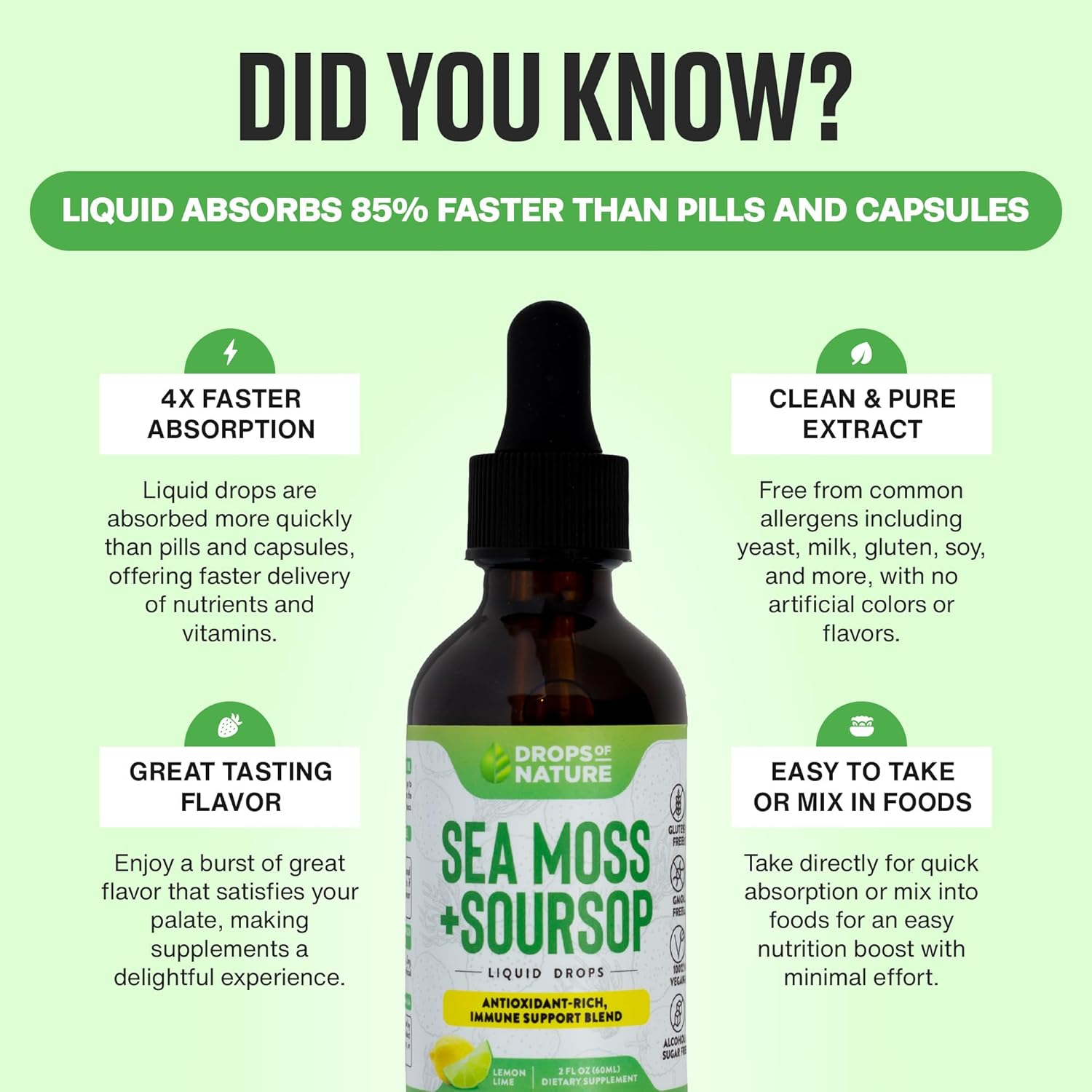 Soursop Liquid Drops with Sea Moss Supplement - Vegan & Highly Concentrated - Hydrating & Immune Support - Lemon Lime Flavor, 60mL
