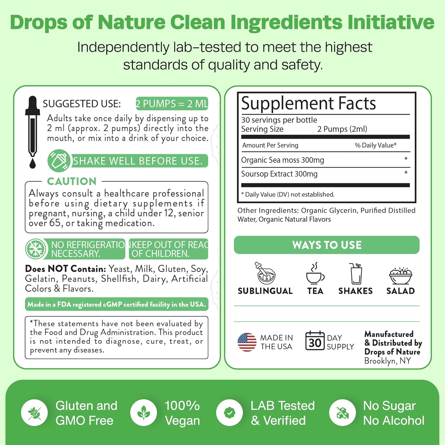 Soursop Liquid Drops with Sea Moss Supplement - Vegan & Highly Concentrated - Hydrating & Immune Support - Lemon Lime Flavor, 60mL