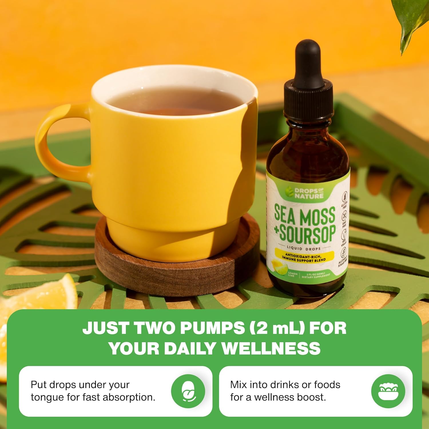 Soursop Liquid Drops with Sea Moss Supplement - Vegan & Highly Concentrated - Hydrating & Immune Support - Lemon Lime Flavor, 60mL