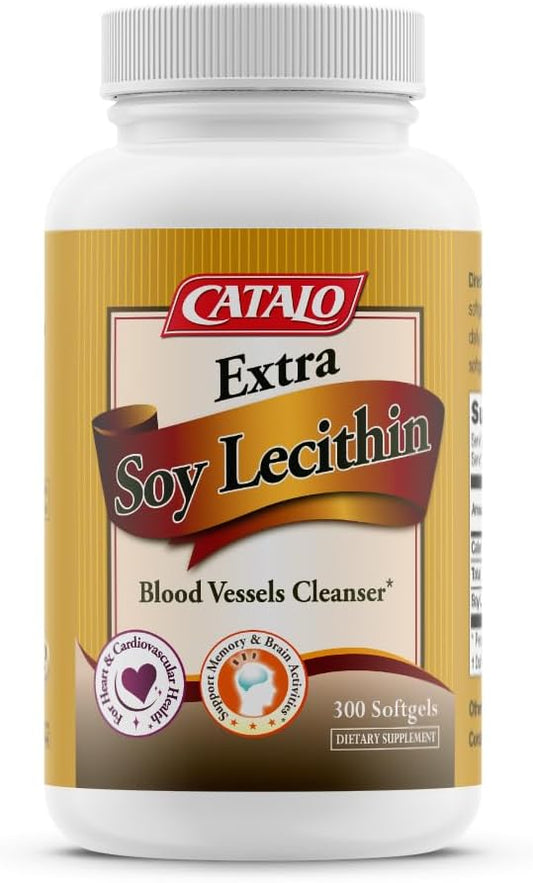 Soy Lecithin Capsules for Blood Vessel, Brain, and Liver Health - 300 Softgels for Adults by CATALO