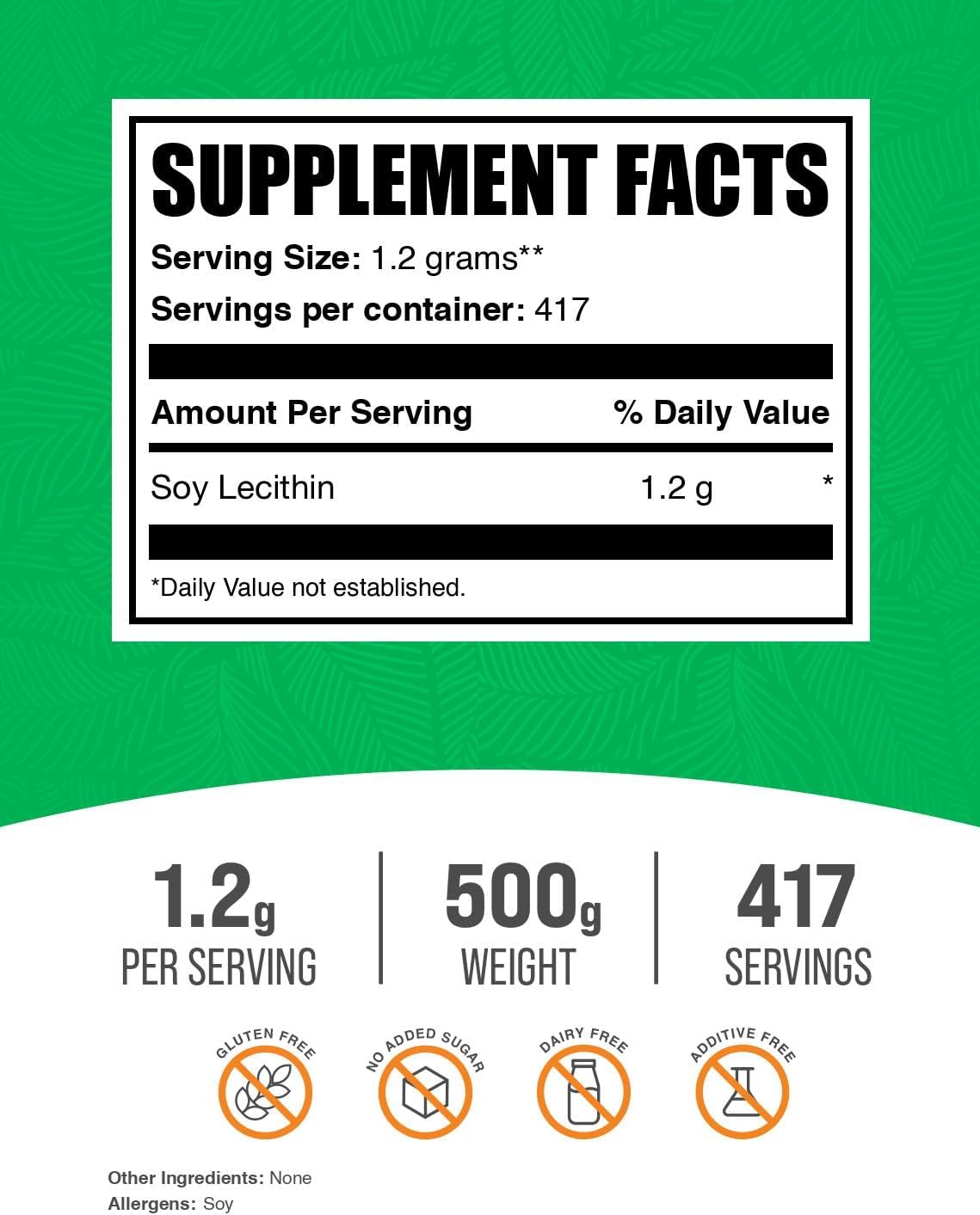 Soy Lecithin Powder Supplement - Food Grade, 1200mg per Serving, Gluten Free - 500g (1.1 lbs) Pack of 1
